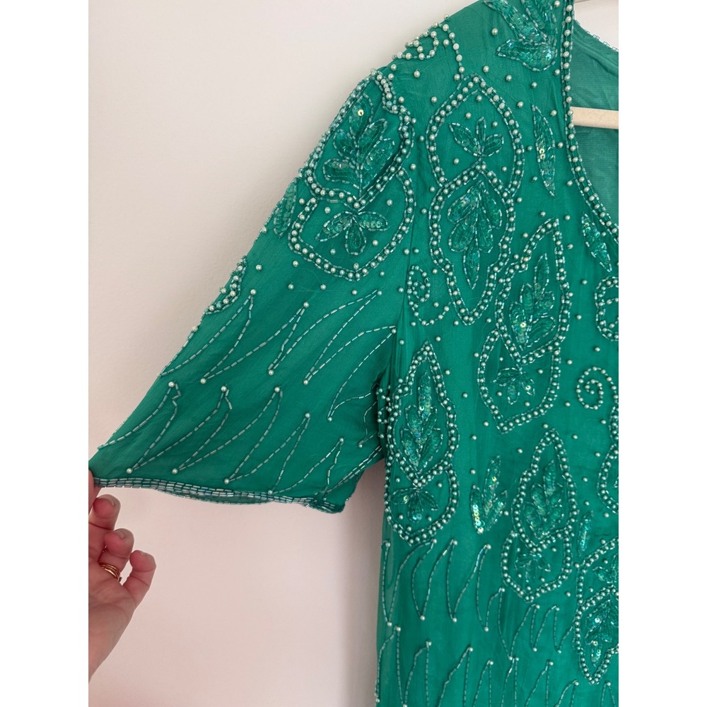 Vintage Mark & John by Gopal Women's 100%‎ Pure Silk Maxi Beaded Green Dress 2X - Picture 7 of 16